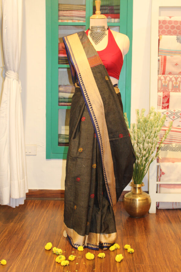 Charcoal black cotton saree with flower motifs