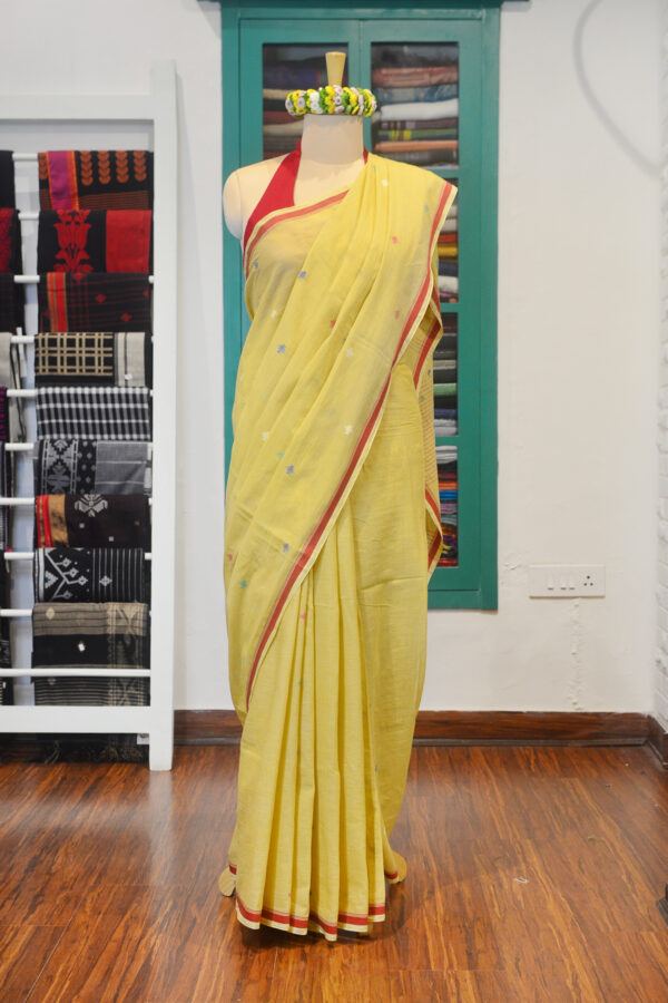 Hand spun and Handwoven light yellow soft cotton saree