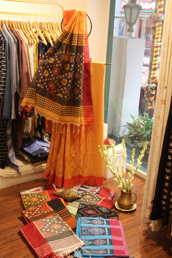 Yellow and red Ikkat saree