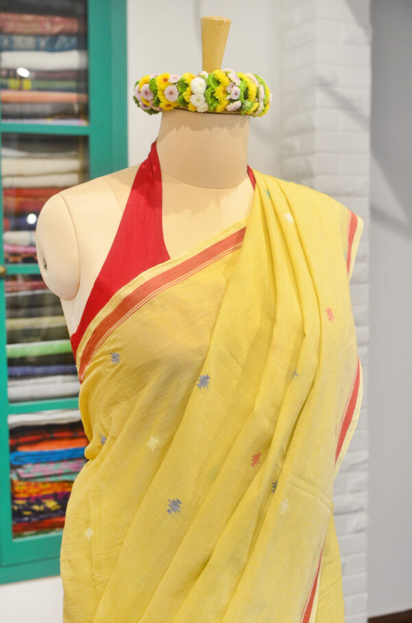 Hand spun and Handwoven light yellow soft cotton saree - Image 3