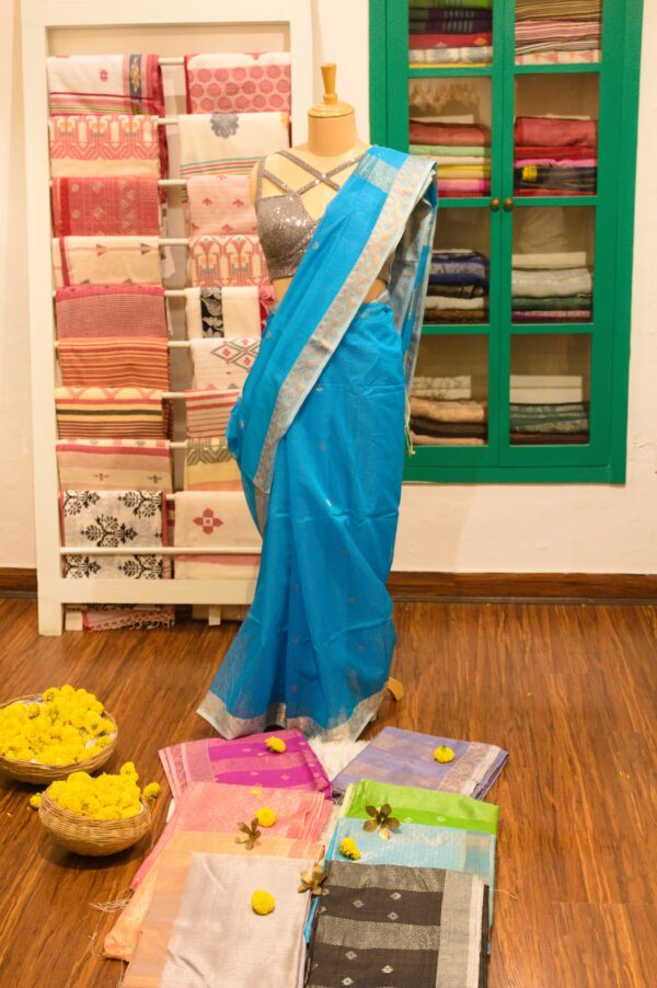 Blue Silk Saree with Rose gold Jamdani Border