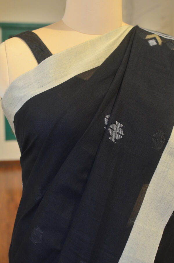 Hand spun and handwoven black soft cotton saree - Image 2