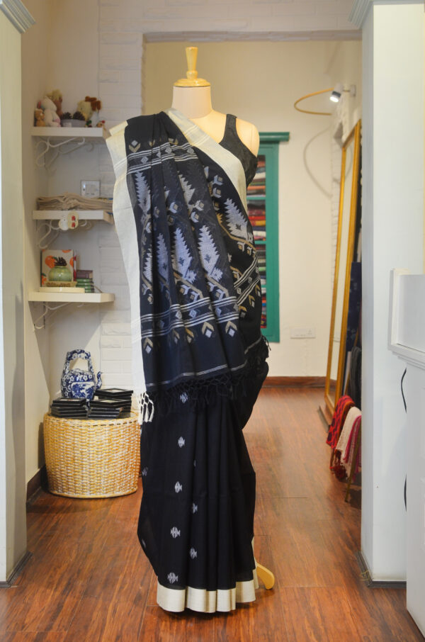 Hand spun and handwoven black soft cotton saree