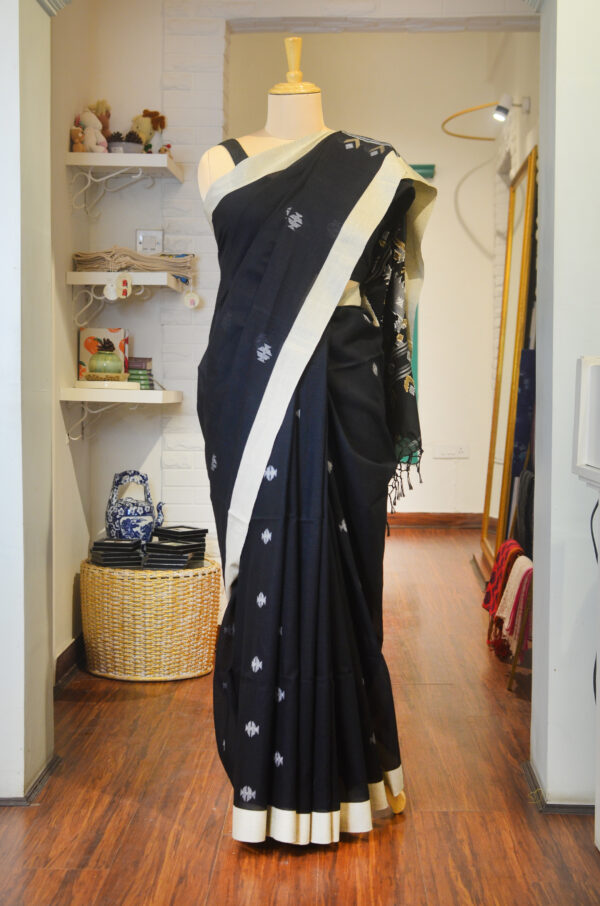 Hand spun and handwoven black soft cotton saree - Image 7