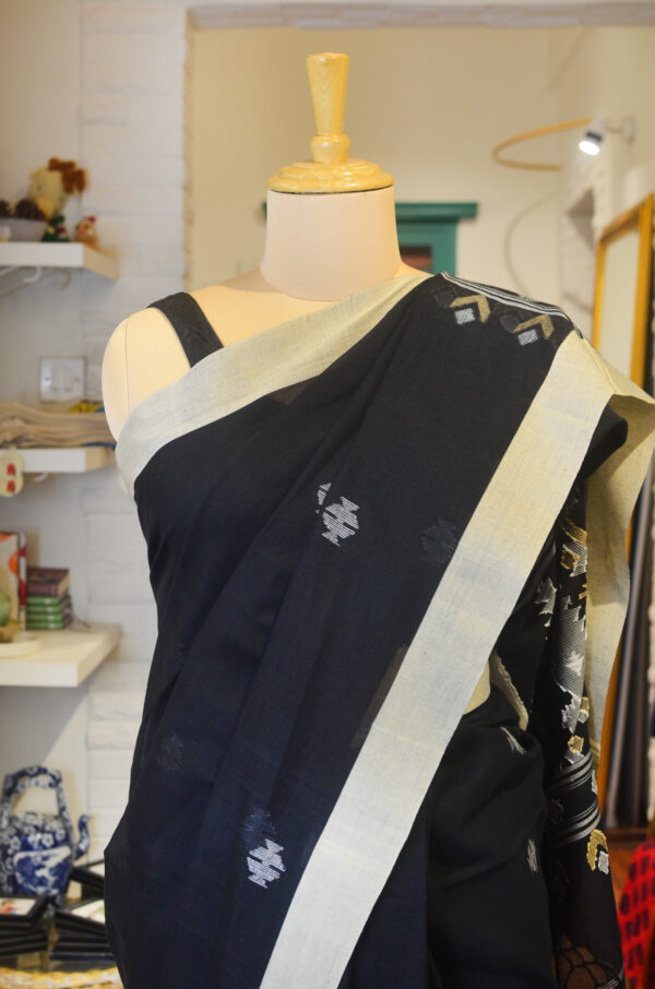 Hand spun and handwoven black soft cotton saree - Image 8