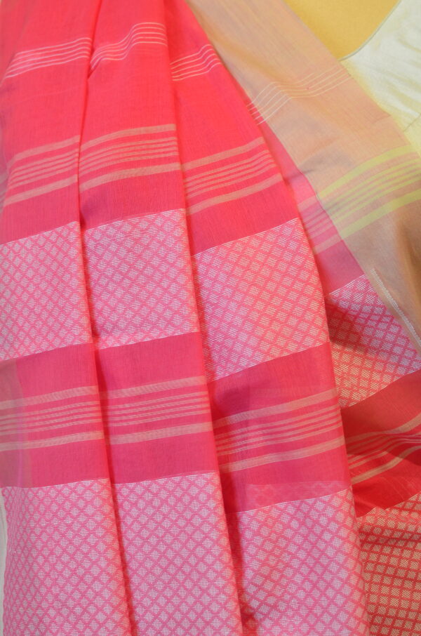 Pink soft cotton saree with white border white butis - Image 11