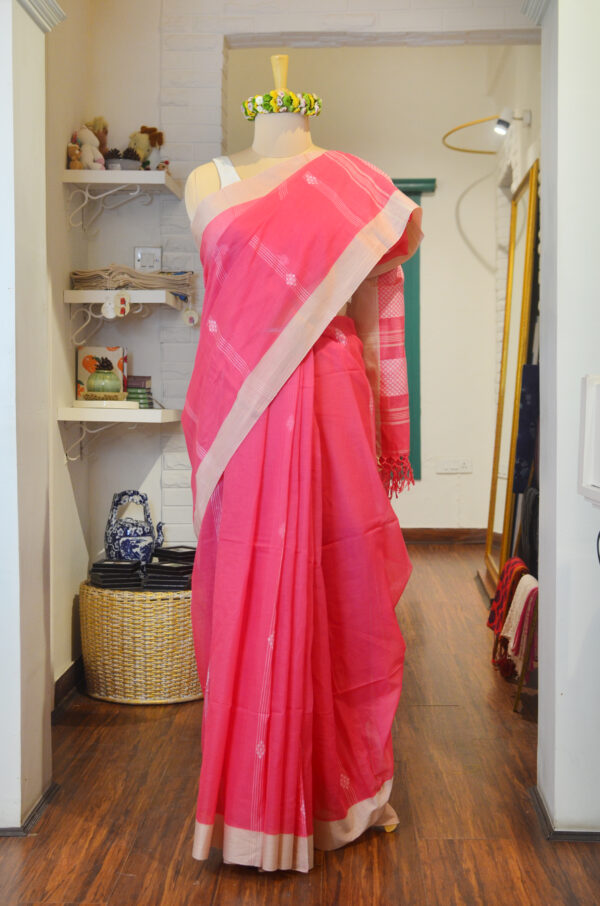 Pink soft cotton saree with white border white butis