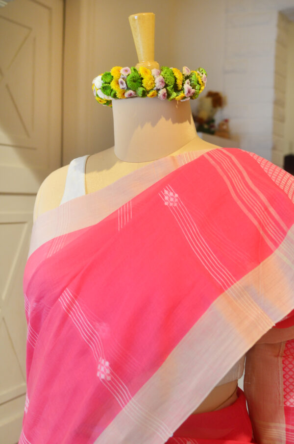 Pink soft cotton saree with white border white butis - Image 3