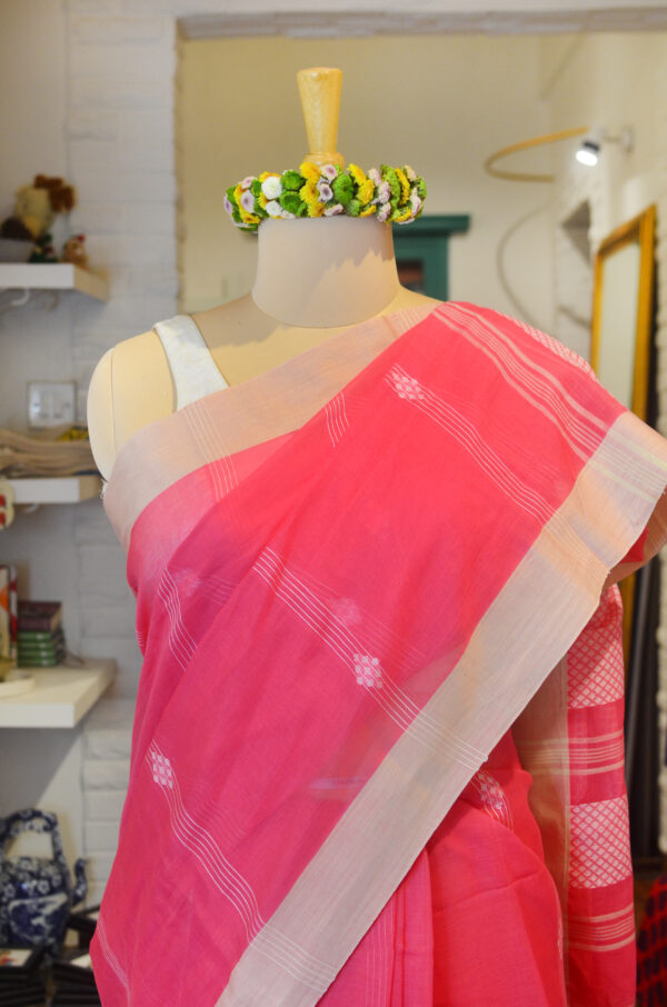 Pink soft cotton saree with white border white butis - Image 6