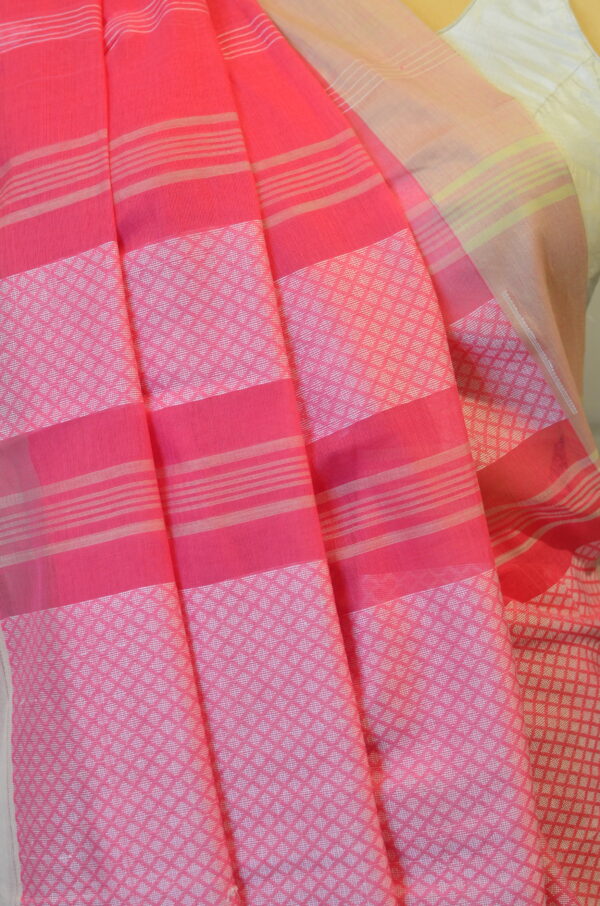Pink soft cotton saree with white border white butis - Image 8
