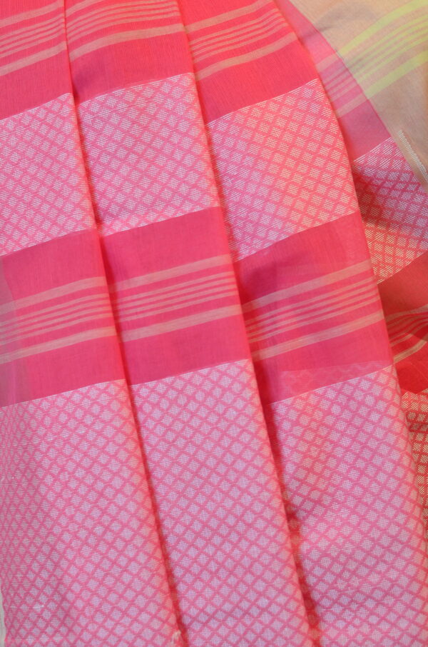 Pink soft cotton saree with white border white butis - Image 9