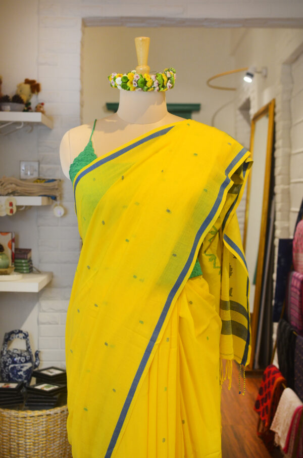Lemon Yellow soft cotton saree with blue border - Image 2