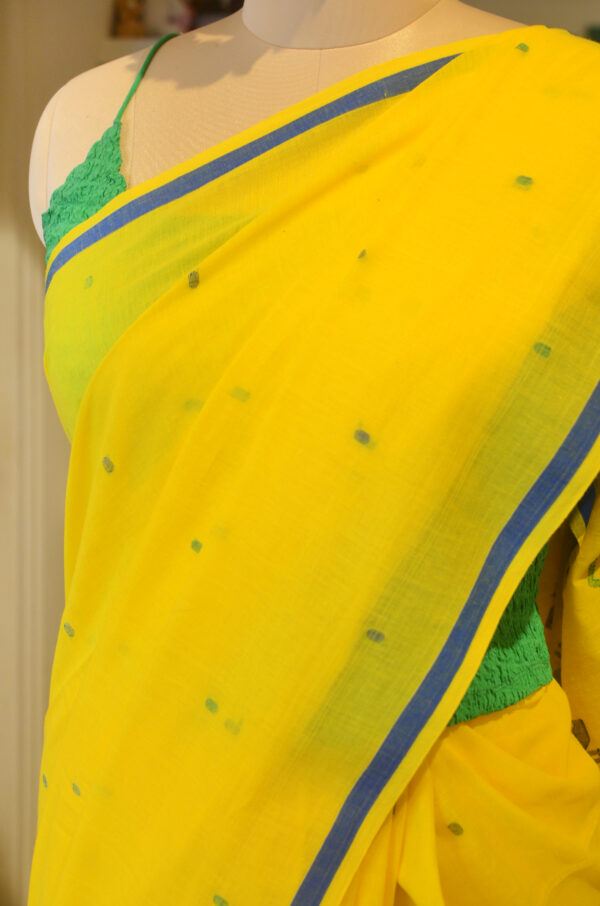 Lemon Yellow soft cotton saree with blue border - Image 3