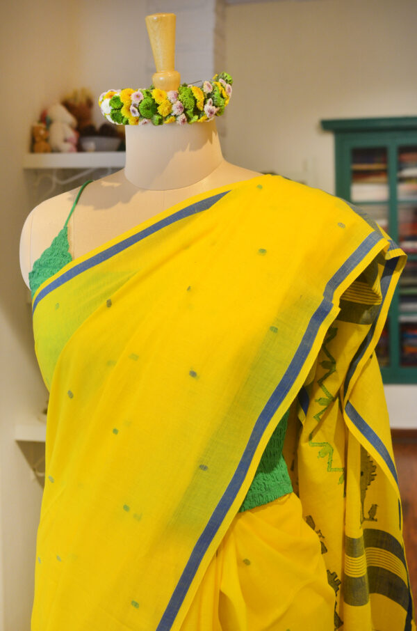 Lemon Yellow soft cotton saree with blue border - Image 4