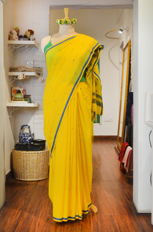 Lemon Yellow soft cotton saree with blue border - Image 5