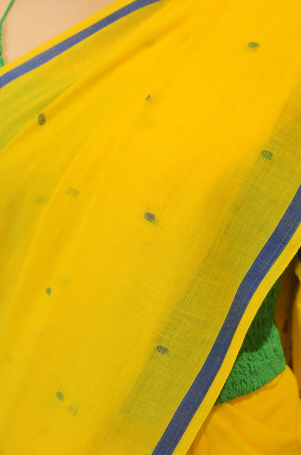 Lemon Yellow soft cotton saree with blue border - Image 6