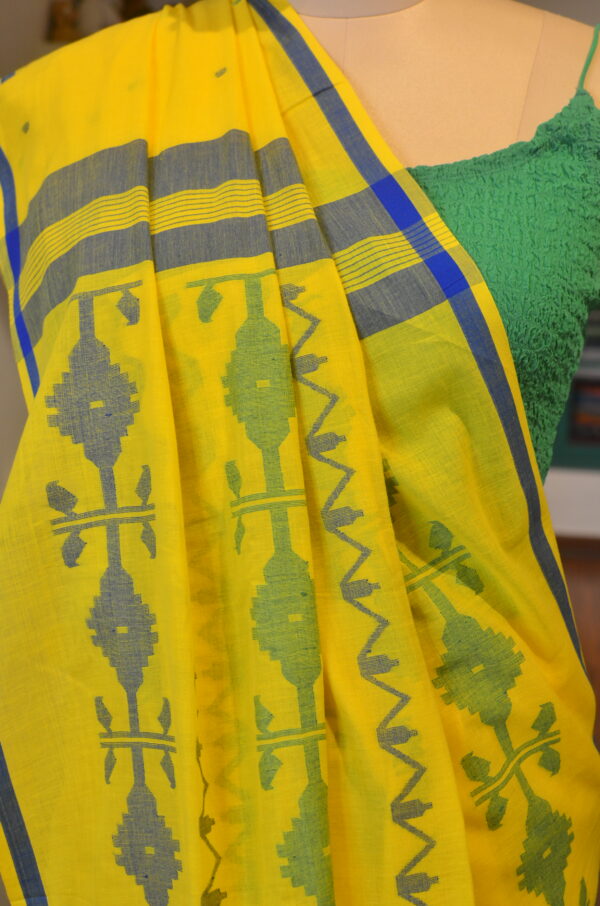 Lemon Yellow soft cotton saree with blue border - Image 7