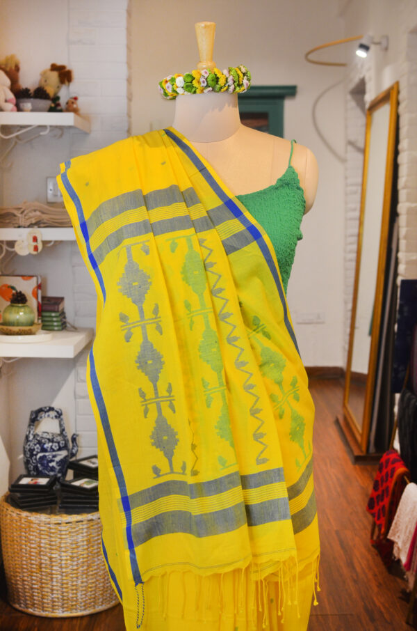Lemon Yellow soft cotton saree with blue border - Image 8