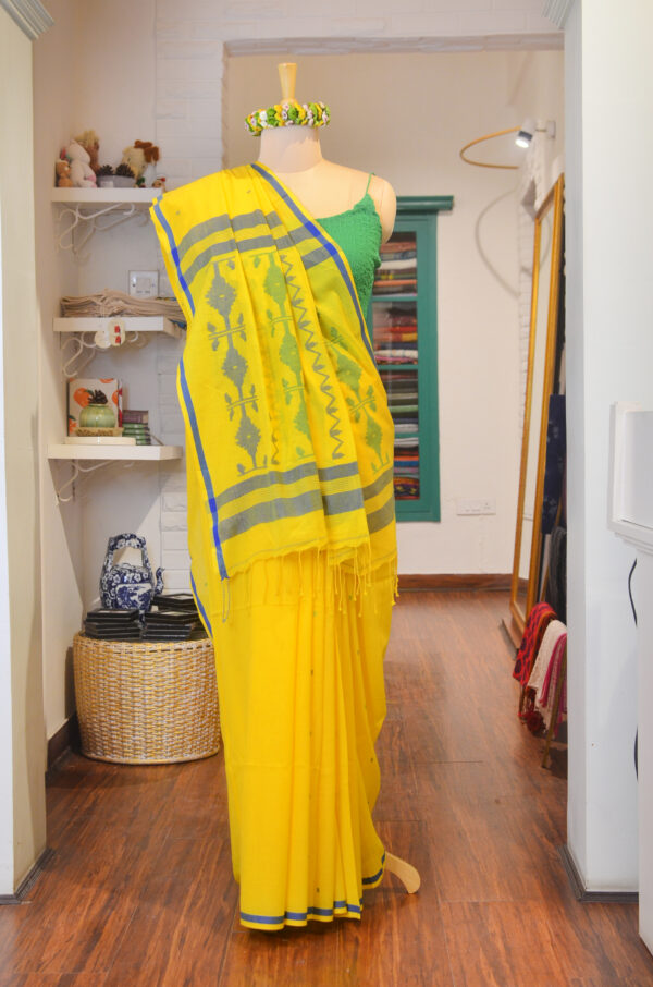 Lemon Yellow soft cotton saree with blue border