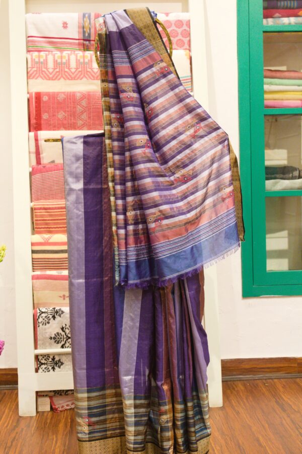Silver, Blue and Rose Gold Stripe Silk Saree