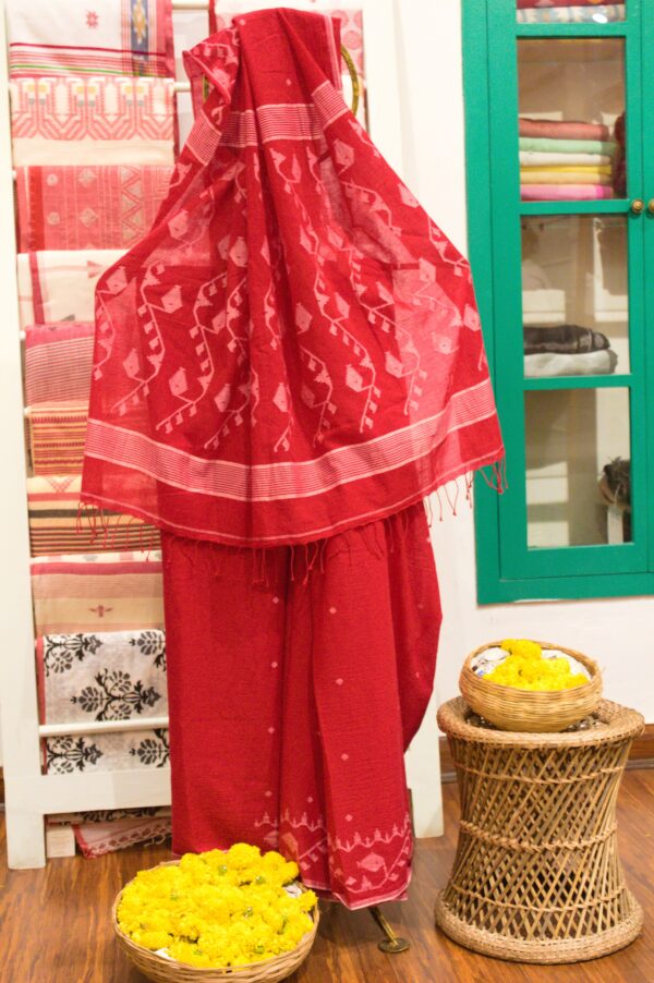 Red Cotton Saree With Jamdani motif 