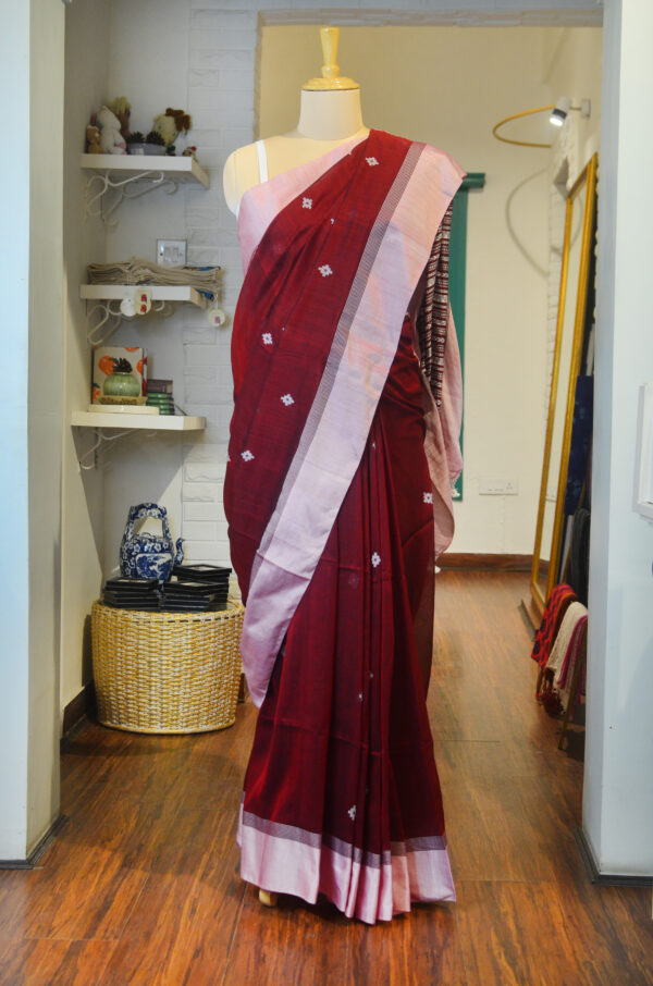 Maroon soft cotton saree with white and maroon dual tone border