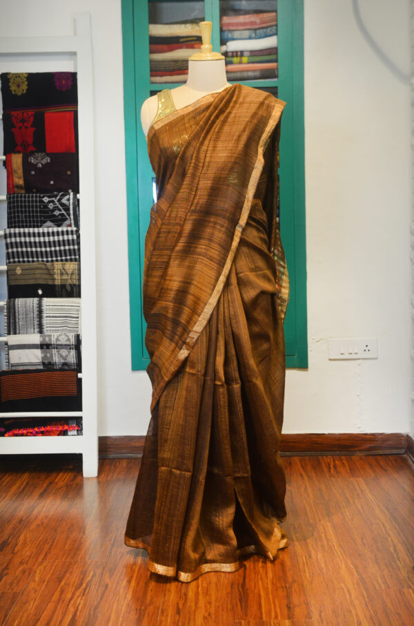 Coffee colour Matka silk saree with golden zari border