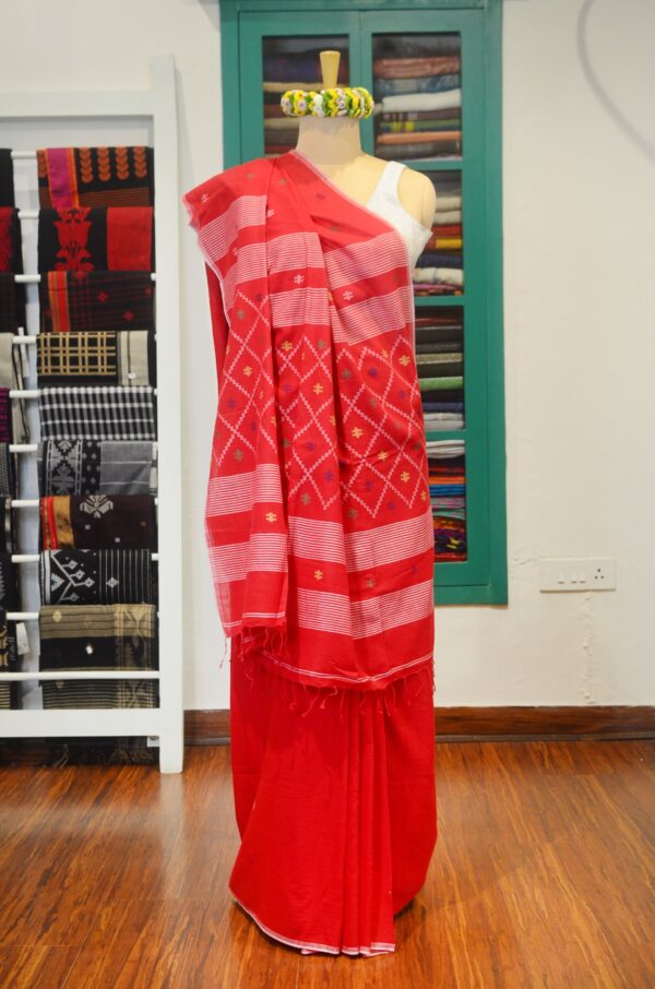 Hand spun and hand-woven red coloured soft cotton saree