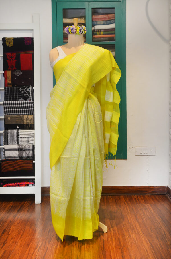 Shibori pure Matka silk Lemon yellow and white