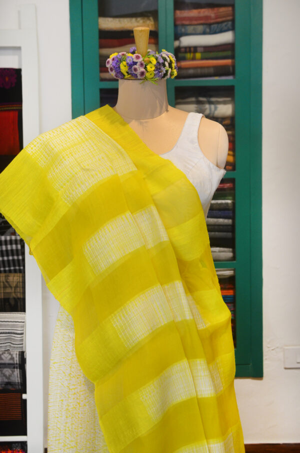 Shibori pure Matka silk Lemon yellow and white - Image 7
