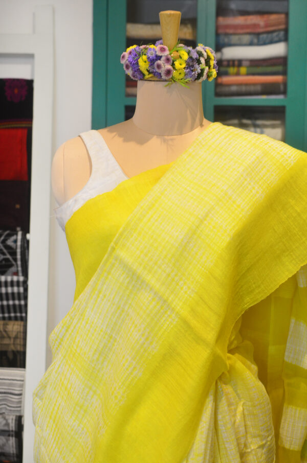 Shibori pure Matka silk Lemon yellow and white - Image 2