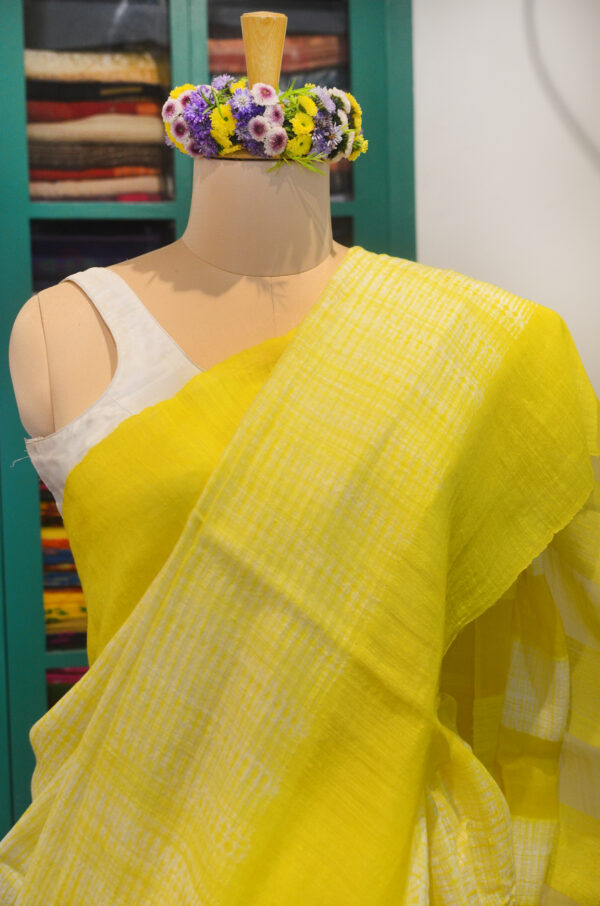 Shibori pure Matka silk Lemon yellow and white - Image 4