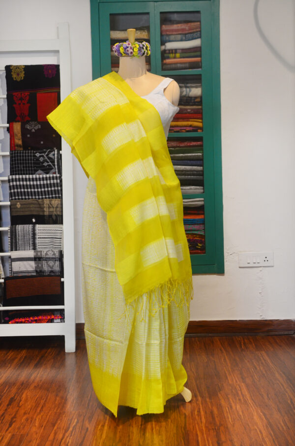 Shibori pure Matka silk Lemon yellow and white - Image 6