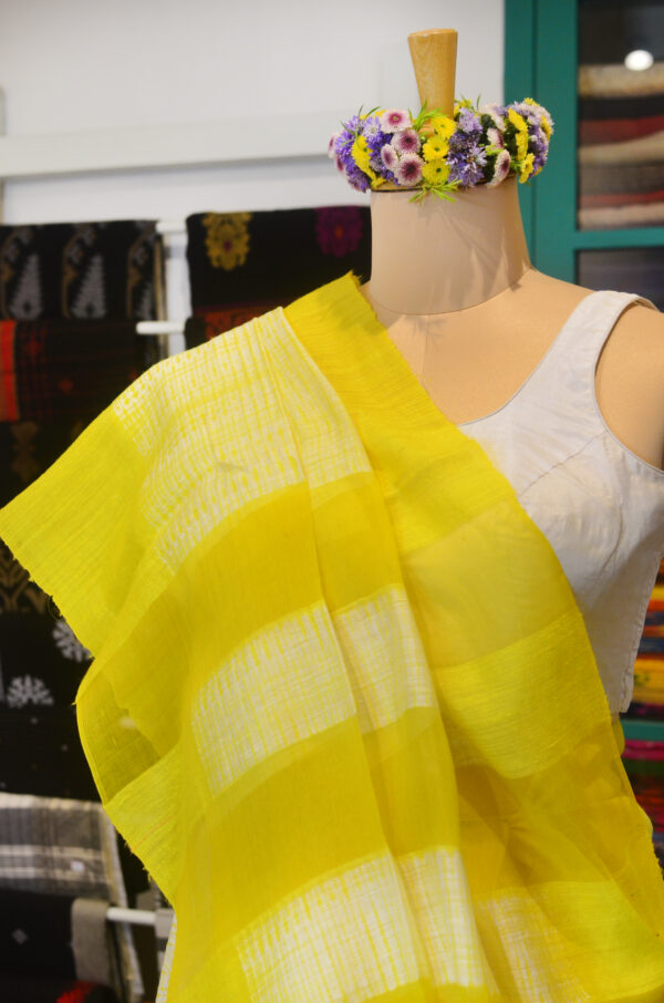 Shibori pure Matka silk Lemon yellow and white - Image 8