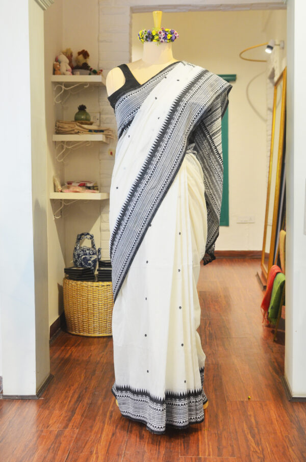 White and Black cotton saree Naksha paar work and all over small butis