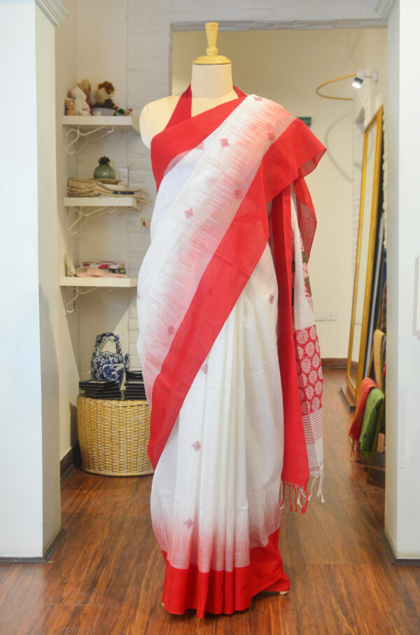 White and Red soft cotton saree