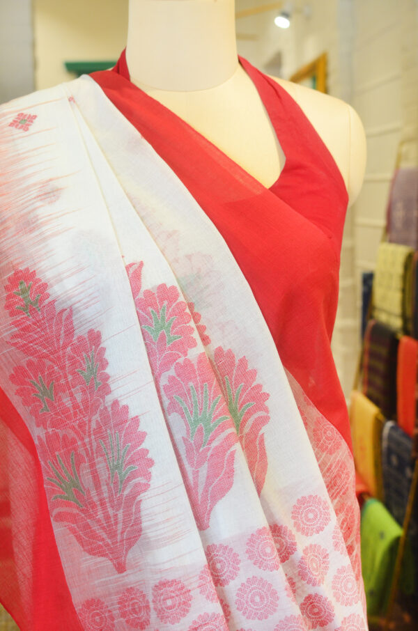 White and Red soft cotton saree - Image 2