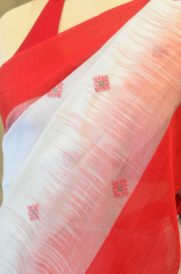 White and Red soft cotton saree - Image 5