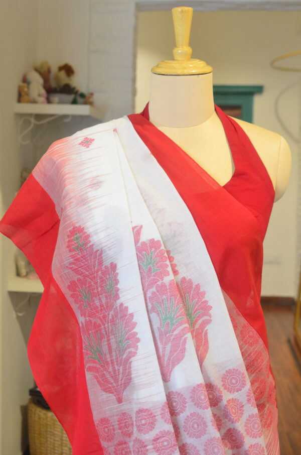 White and Red soft cotton saree - Image 8