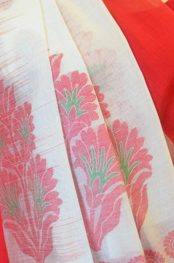 White and Red soft cotton saree - Image 4