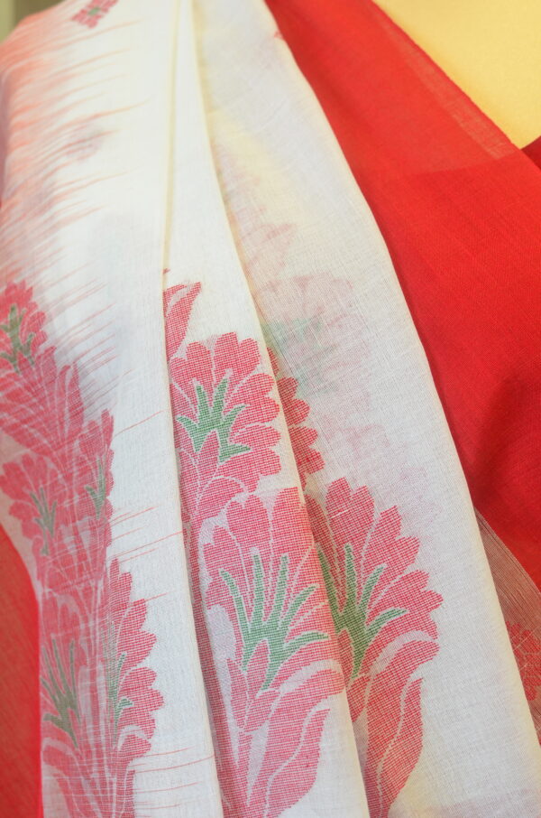 White and Red soft cotton saree - Image 3
