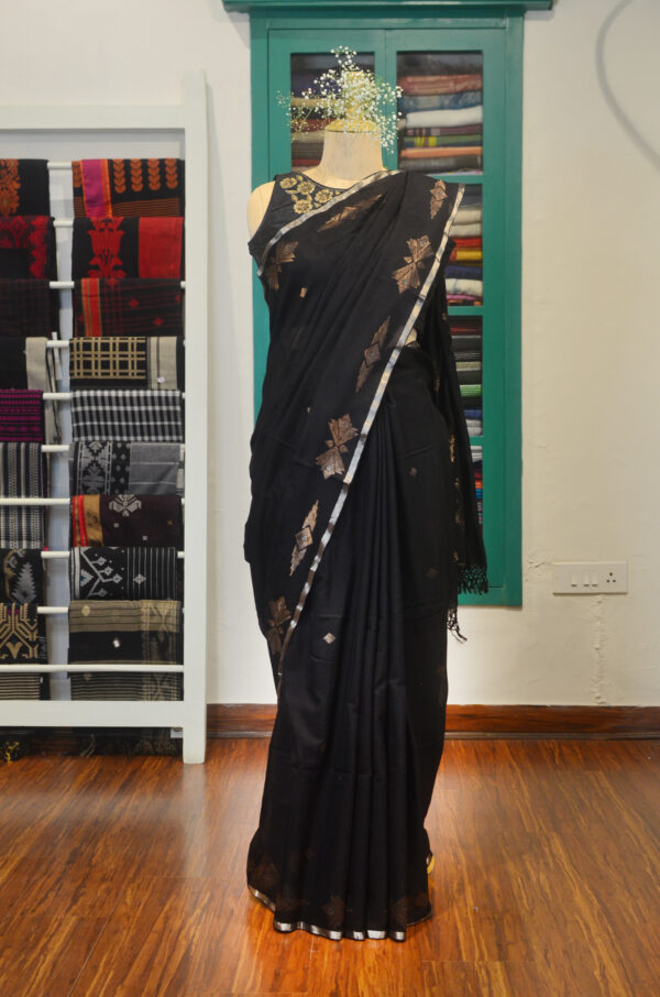 Hand spun and hand-woven black soft cotton saree