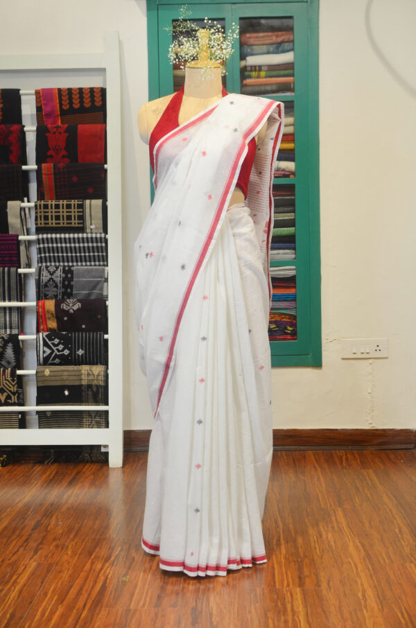 Hand spun and hand-woven Milk white soft cotton saree