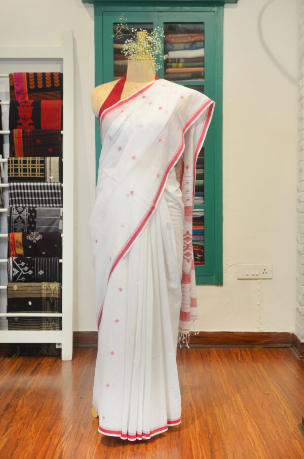 Hand spun and hand-woven. Milk white soft cotton saree