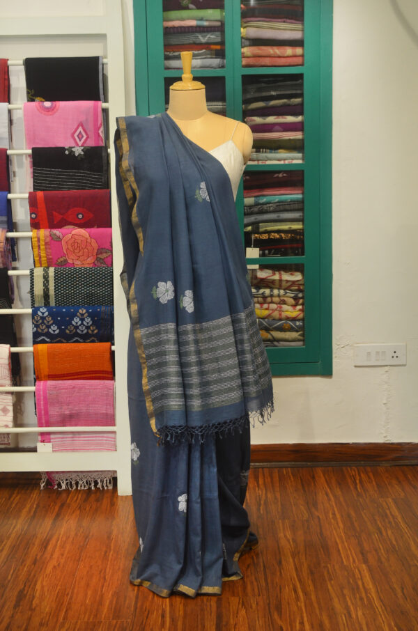Handspun Handwoven Blue Soft Cotton Kantha Saree - Image 2