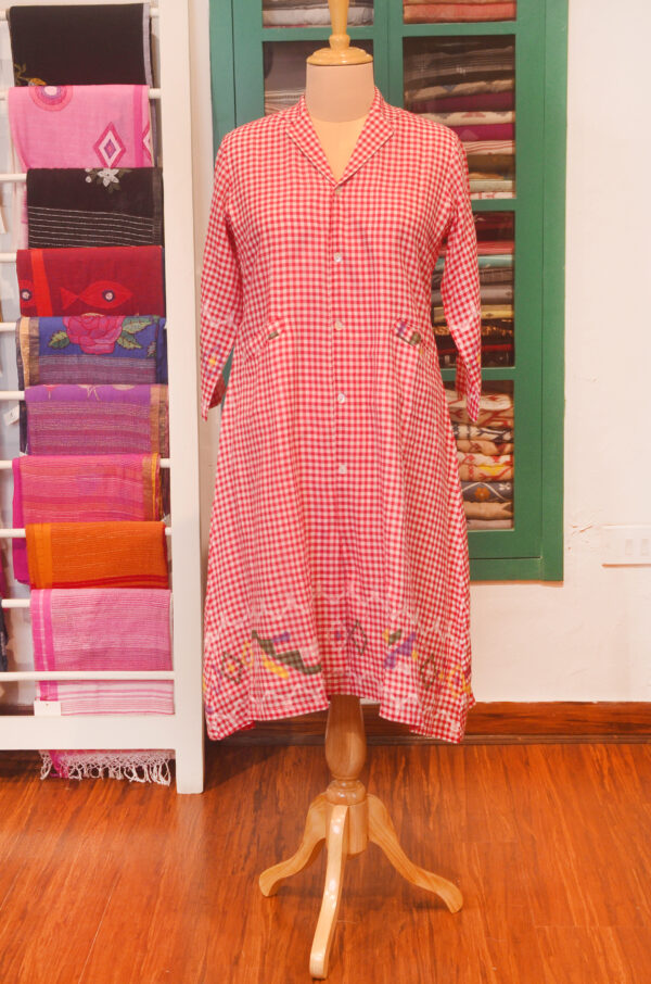 Hand spun Handwoven Pure Cotton White and Red jamdani V neck Dress, With Lining