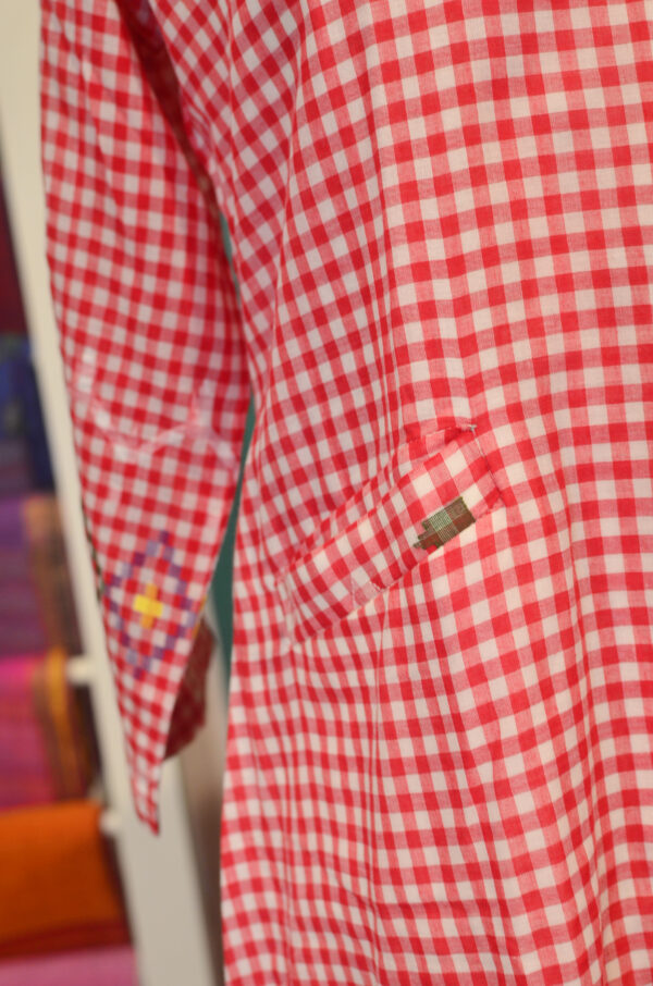 Hand spun Handwoven Pure Cotton White and Red jamdani V neck Dress, With Lining - Image 4