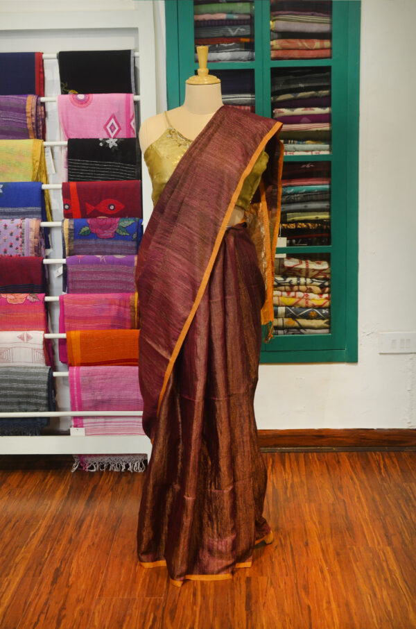 Handspun Handwoven Coffee brown Mutka Silk Saree - Image 8