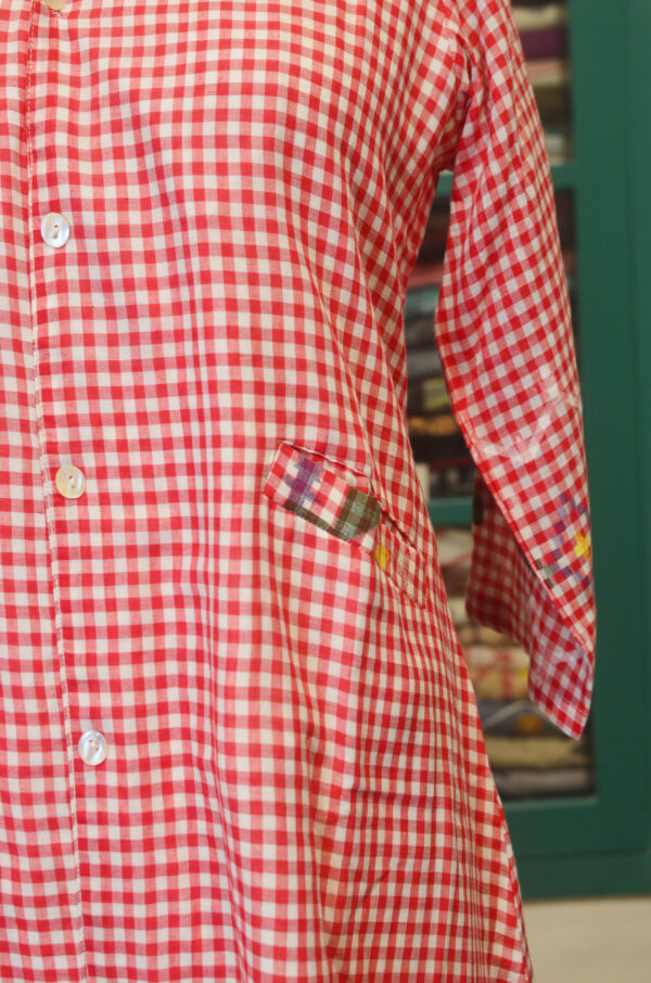 Hand spun Handwoven Pure Cotton White and Red jamdani V neck Dress, With Lining - Image 6