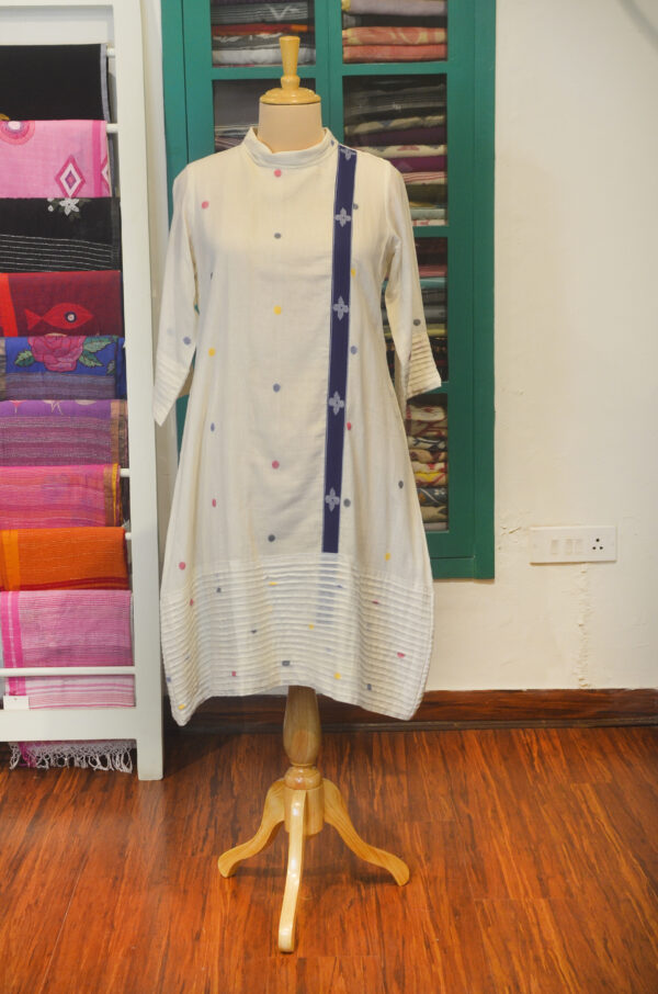 Hand spun Handwoven Pure Cotton White jamdani Cow neck Dress, With Lining